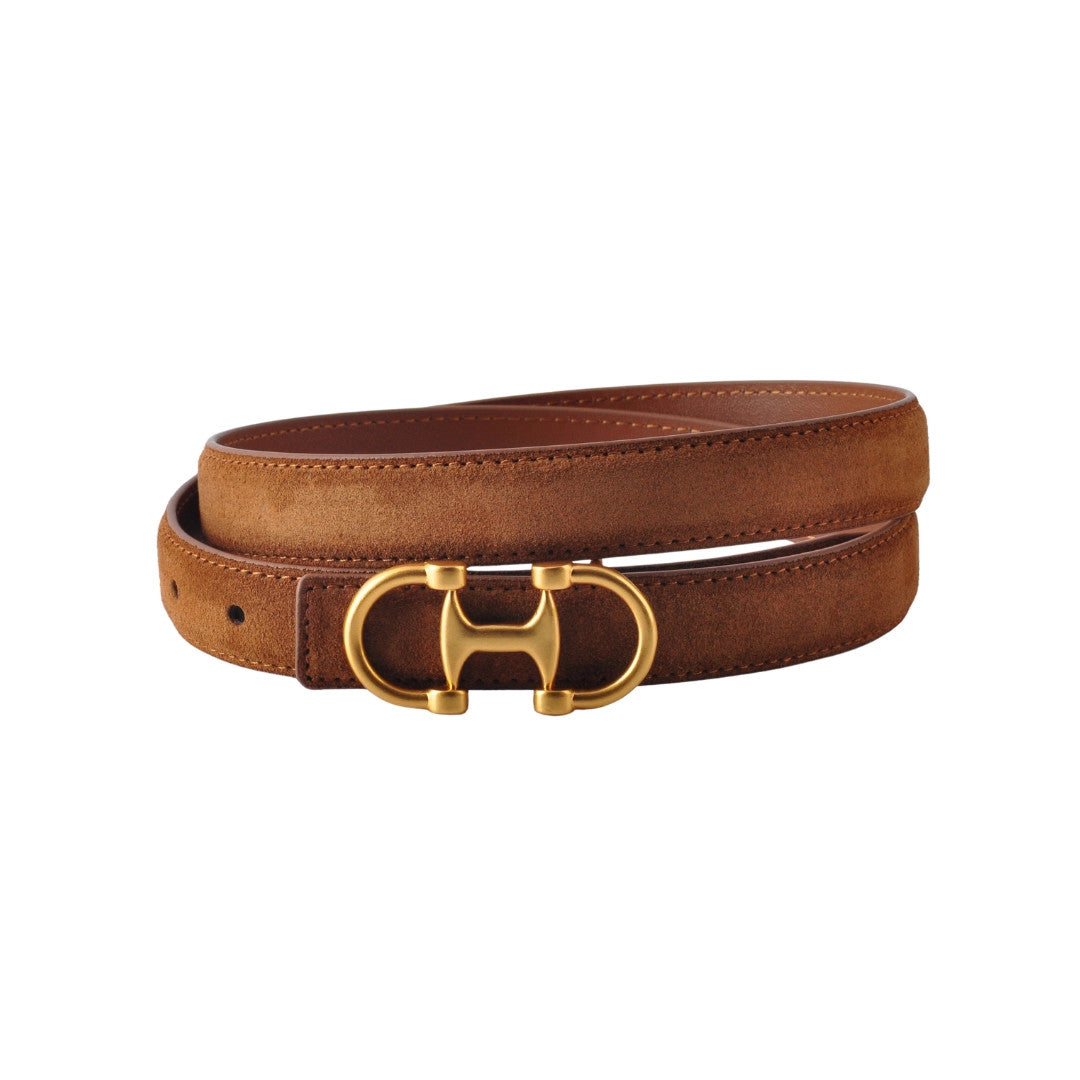 Brown suede belt with a gold horsebit buckle and contrast stitching.