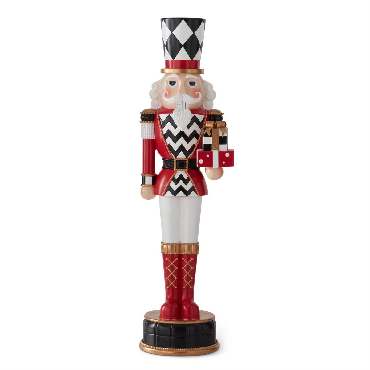 23.5-inch nutcracker in red and black harlequin check patterns holding a stack of gifts.