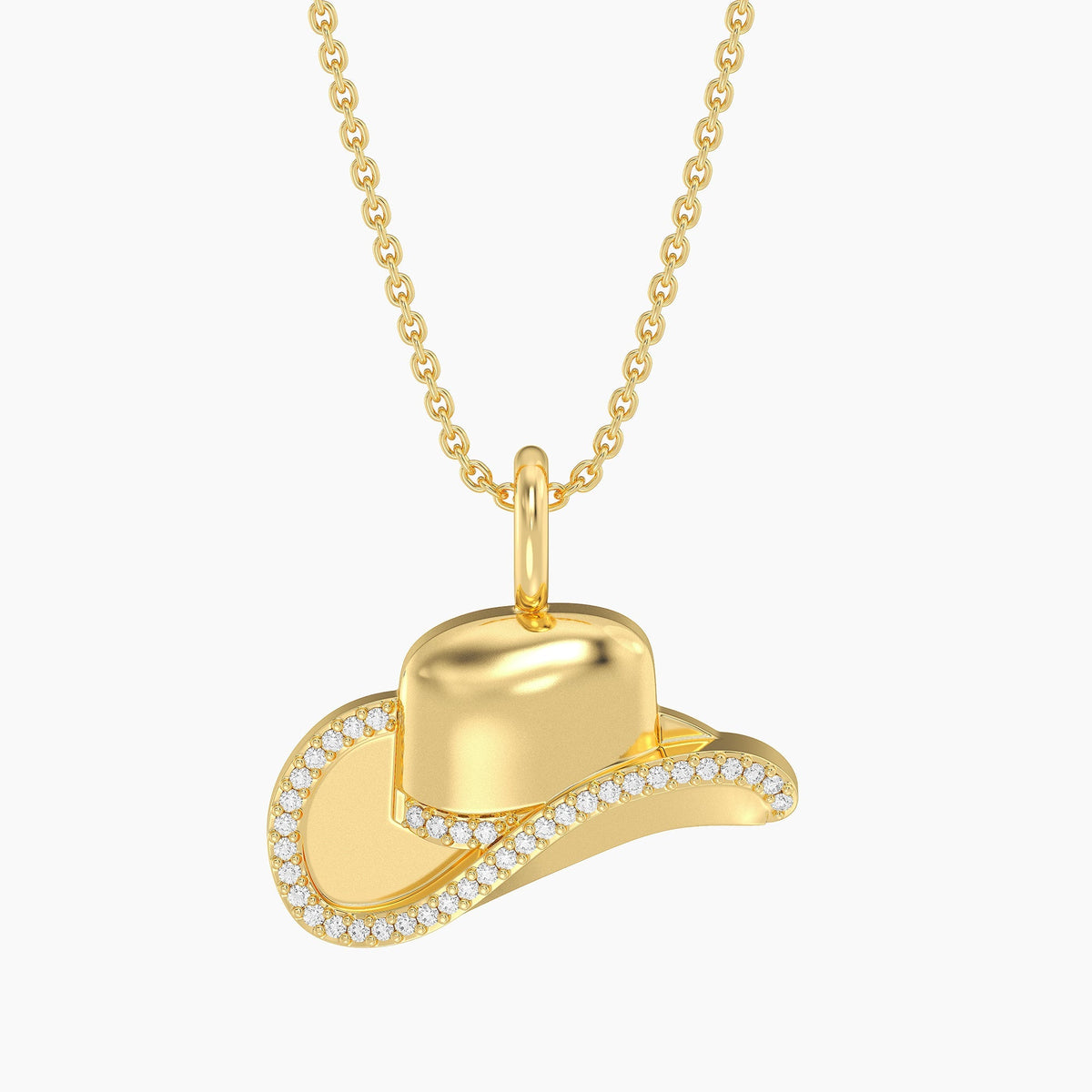 Gold-plated stainless steel cowgirl hat pendant necklace on a silver chain with lobster clasp closure.
