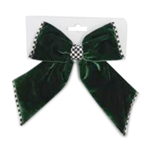 Dark green velvet small bow with black and white checkered trim and center knot.