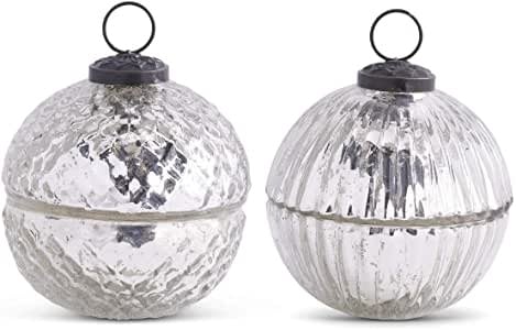 Mercury glass silver candle holder with winter wood stripe pattern