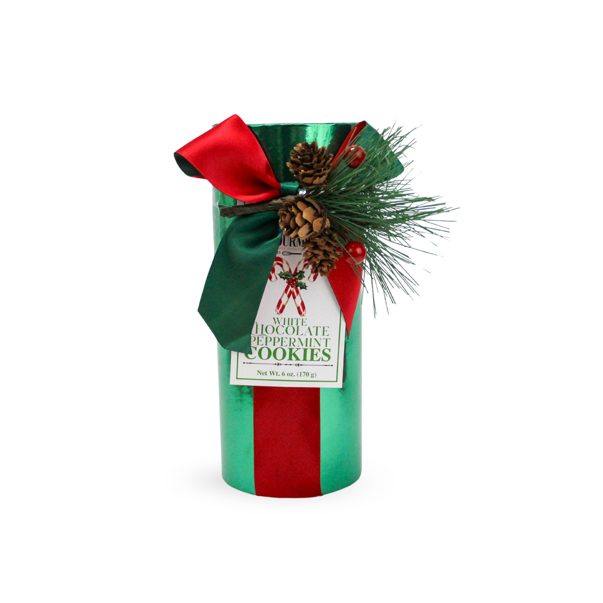 Green metallic tube of White Chocolate Peppermint Cookies with a red and green bow and pine decor.