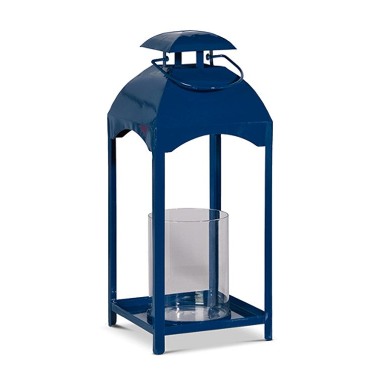 Blue glass lantern with iron frame measuring 7.25 inches wide by deep and 17.5 inches tall.