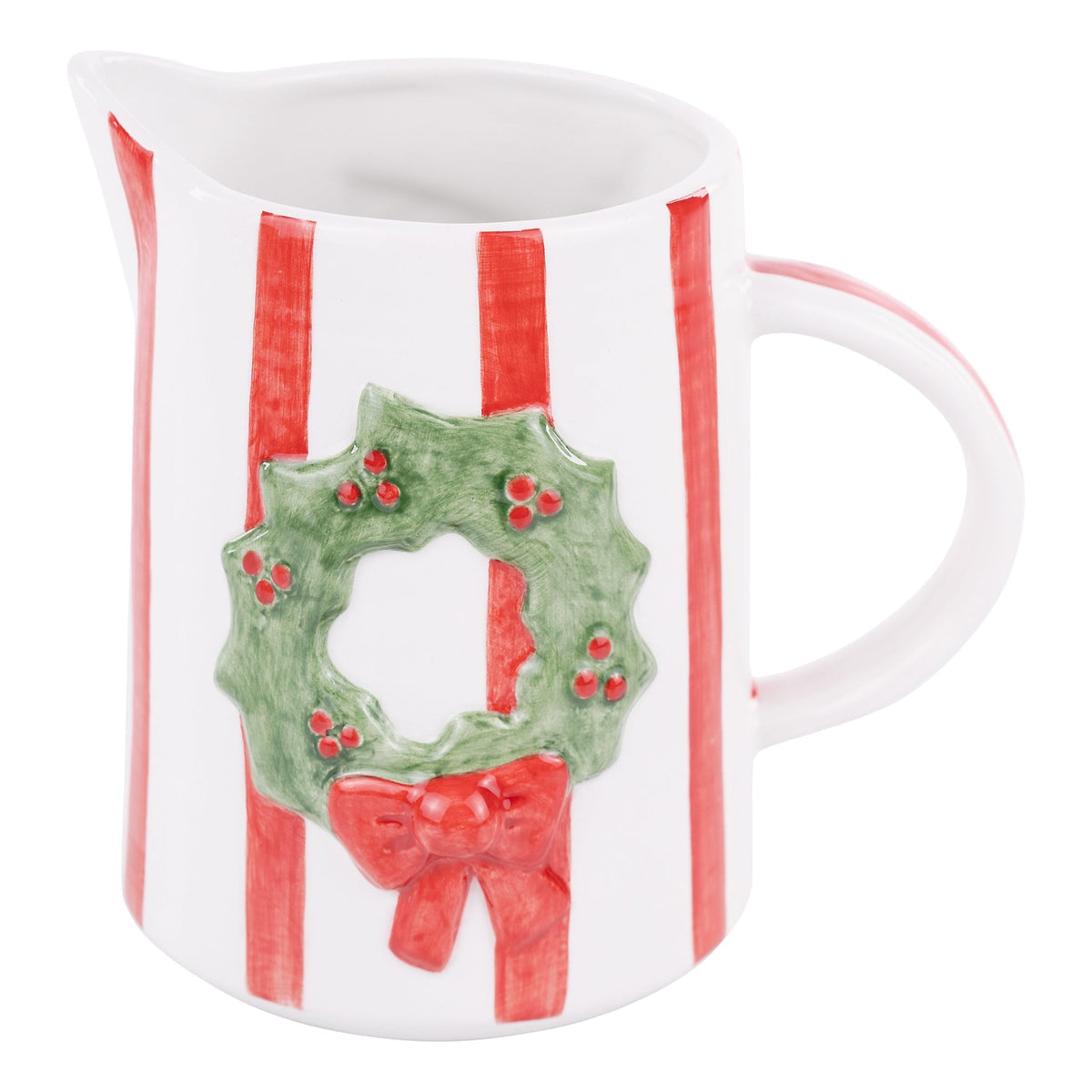 Hand-painted Merry & Bright wreath pitcher with festive red green pattern
