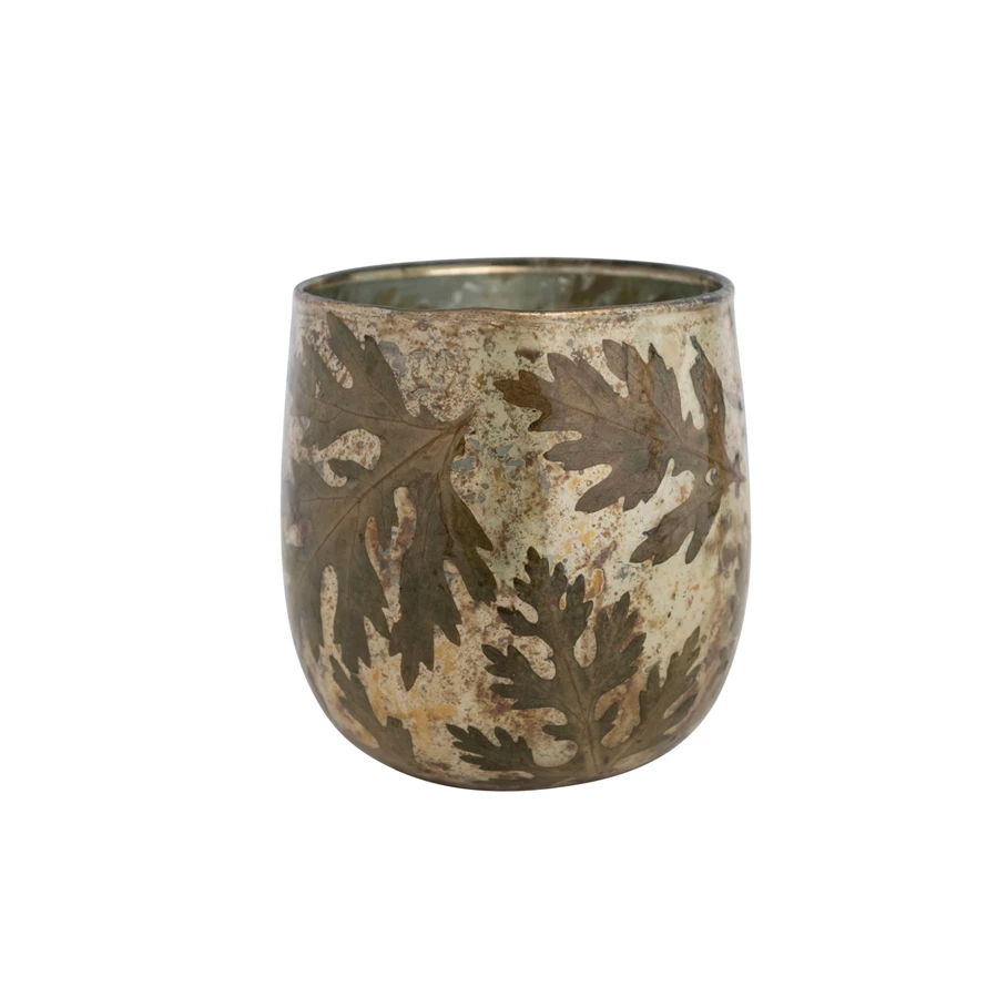 Mercury Glass Votive Holder With Embedded Natural Oak Leaves - Antique Gold Finish