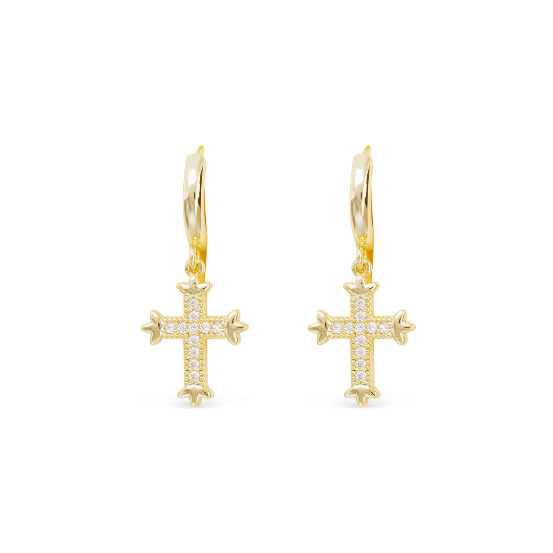 Gold hoop earrings with vintage-inspired cross charms featuring clear CZ stone detailing.