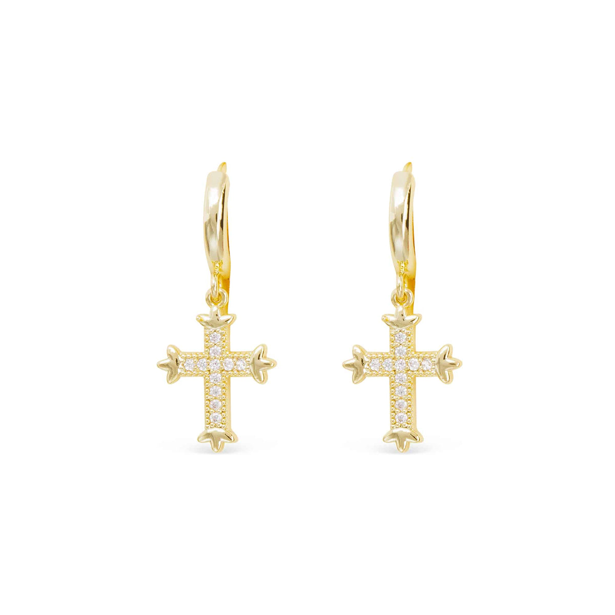Gold hoop earrings with vintage-inspired cross charms featuring clear CZ stone detailing.