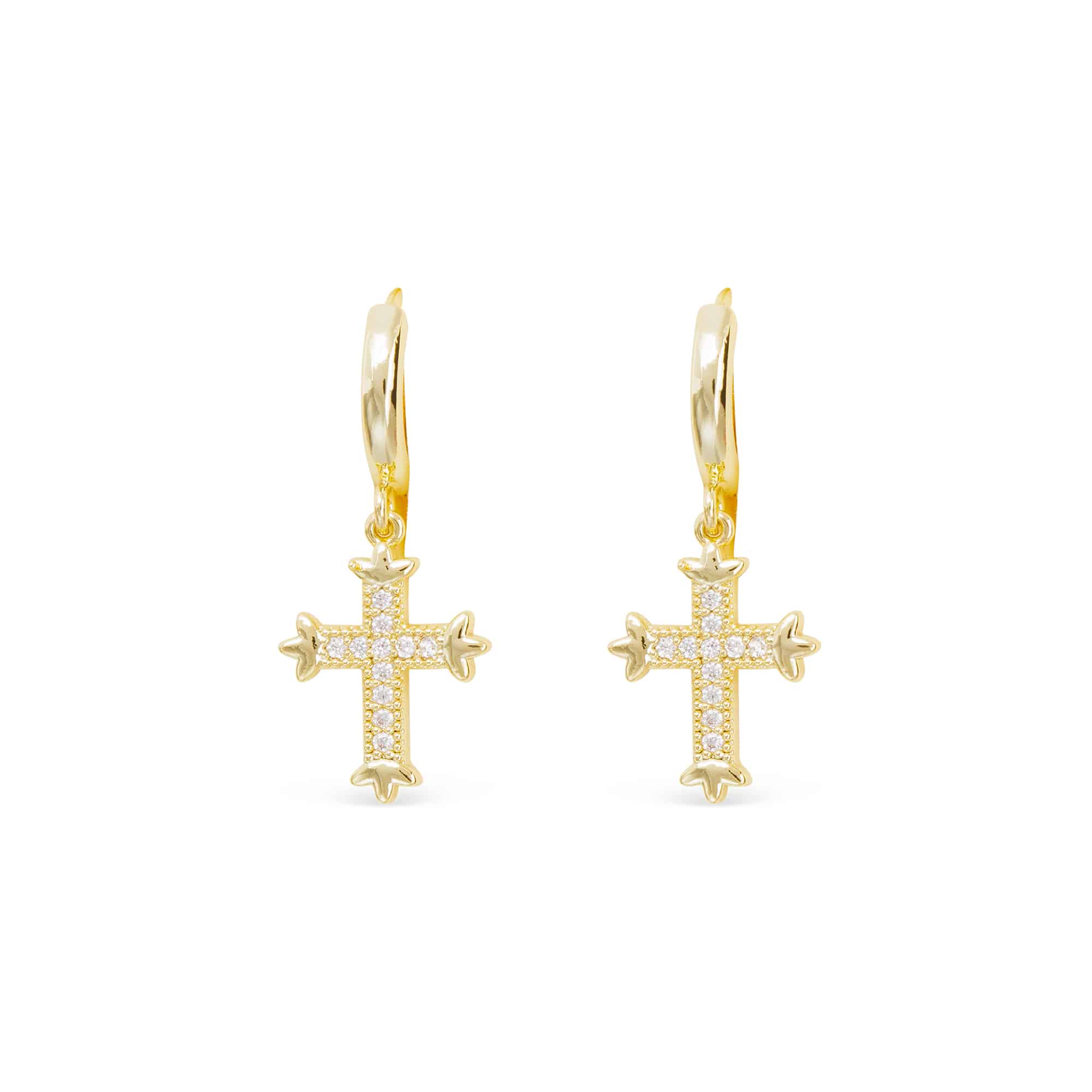 Gold hoop earrings with vintage-inspired cross charms featuring clear CZ stone detailing.