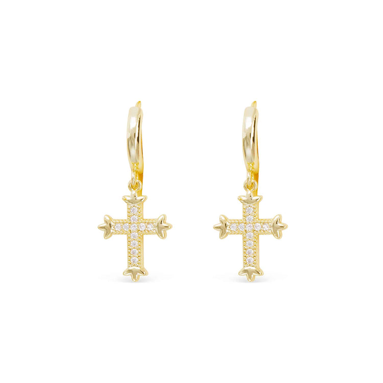 Gold hoop earrings with vintage-inspired cross charms featuring clear CZ stone detailing.