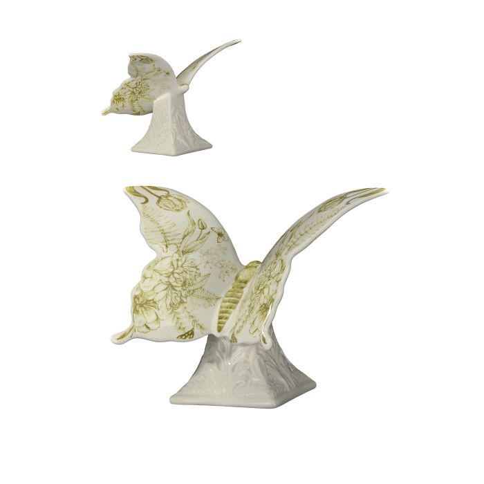 Natural dolomite ceramic butterfly figurine on a sleek pedestal base with neutral tones.