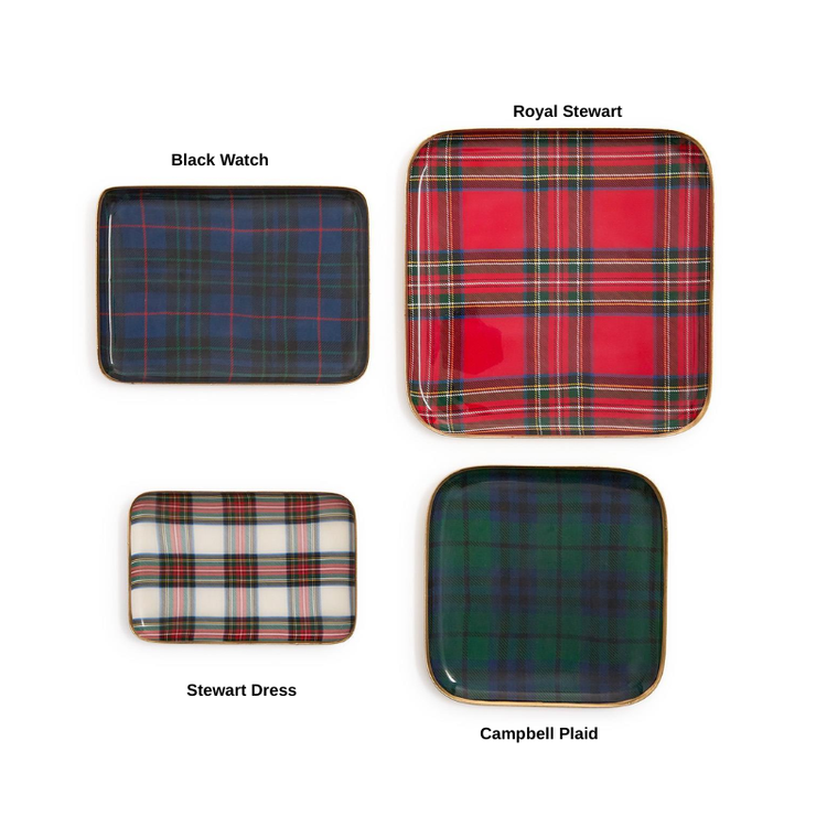 Four tartan decorative metal trays in Black Watch, Royal Stewart, Stewart Dress, and Campbell Plaid.