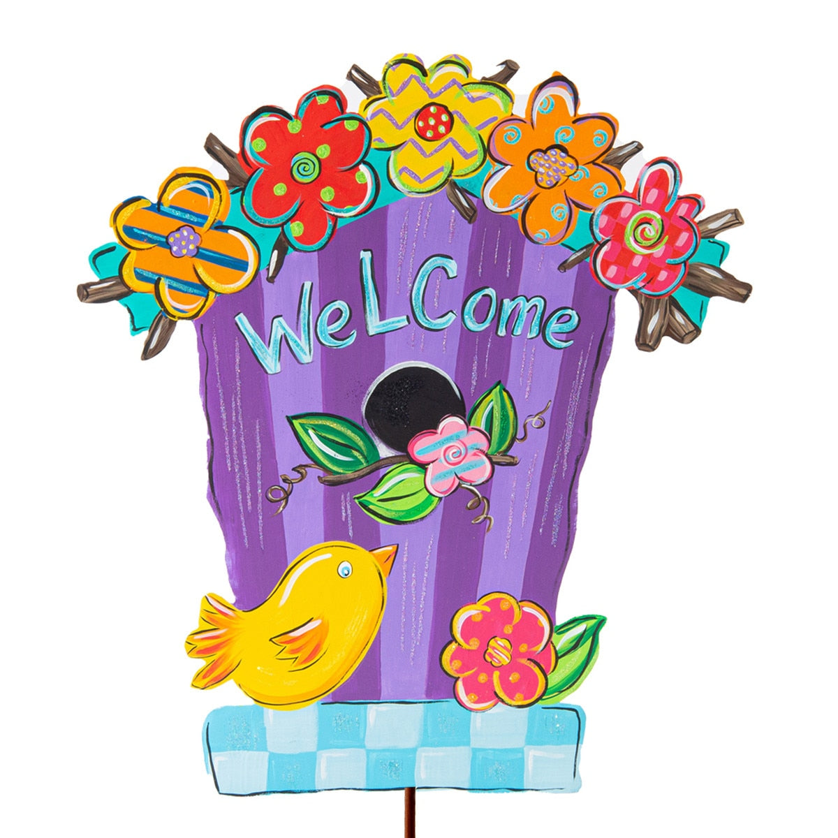Whimsy Birdhouse stake with natural wood finish and bird-shaped cutout silhouette.