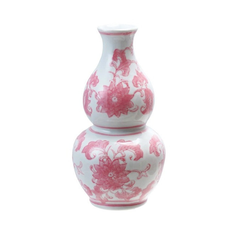 Gourd-shaped white stoneware vase with pink floral patterns and a glazed finish.