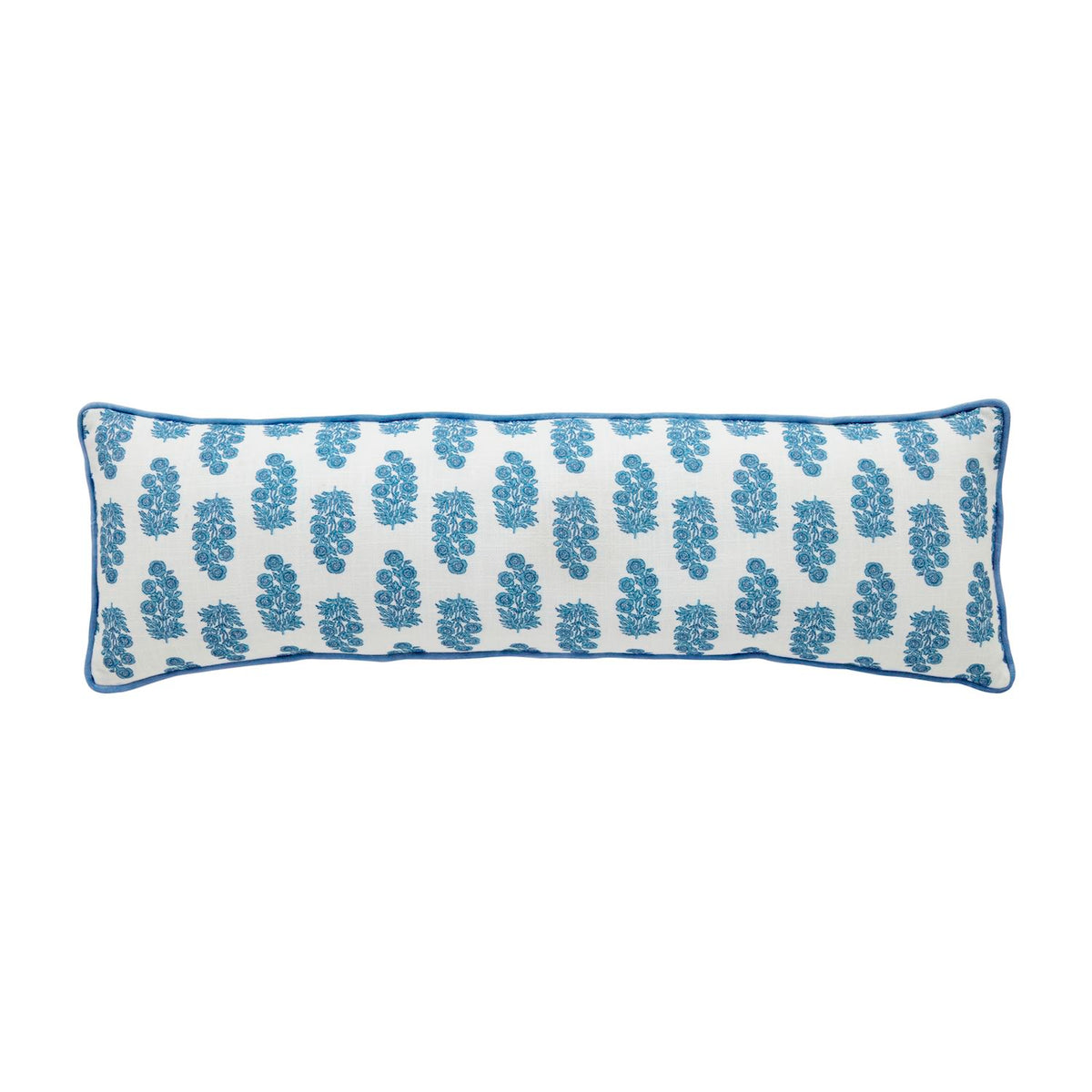 Blue block print long lumbar pillow with a floral pattern and blue piped edges on a white background.