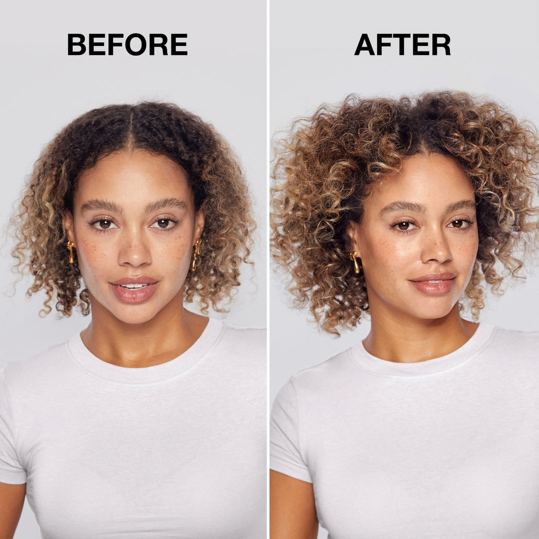 Before and after comparison of a woman using dark tinted volumizing dry shampoo on curly hair.