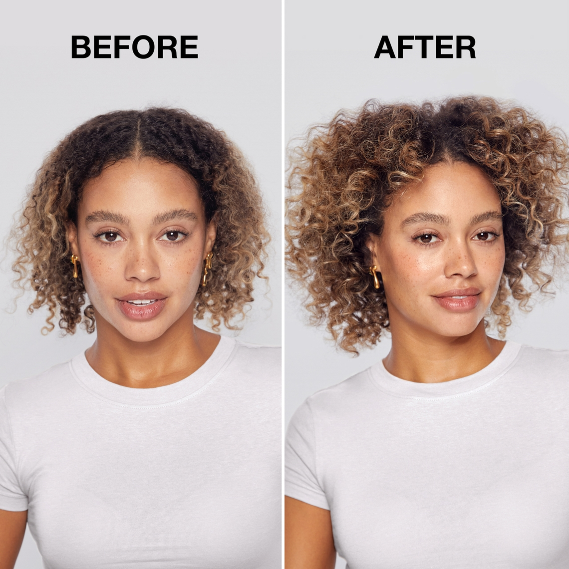 Before and after comparison of a woman using dark tinted volumizing dry shampoo on curly hair.