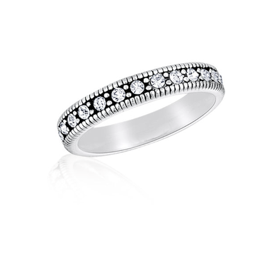 CZ Eternity Stack Ring in silver metal with a continuous band of round-cut cubic zirconia stones.