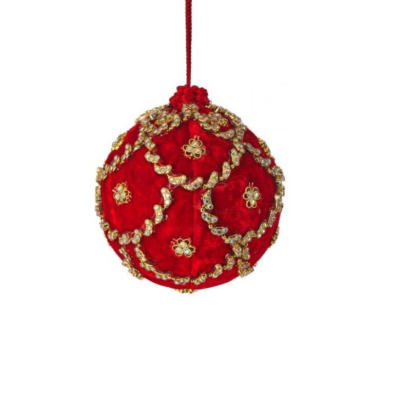 4-inch red velvet ball ornament with gold scalloped jeweled detailing and a red hanging cord.