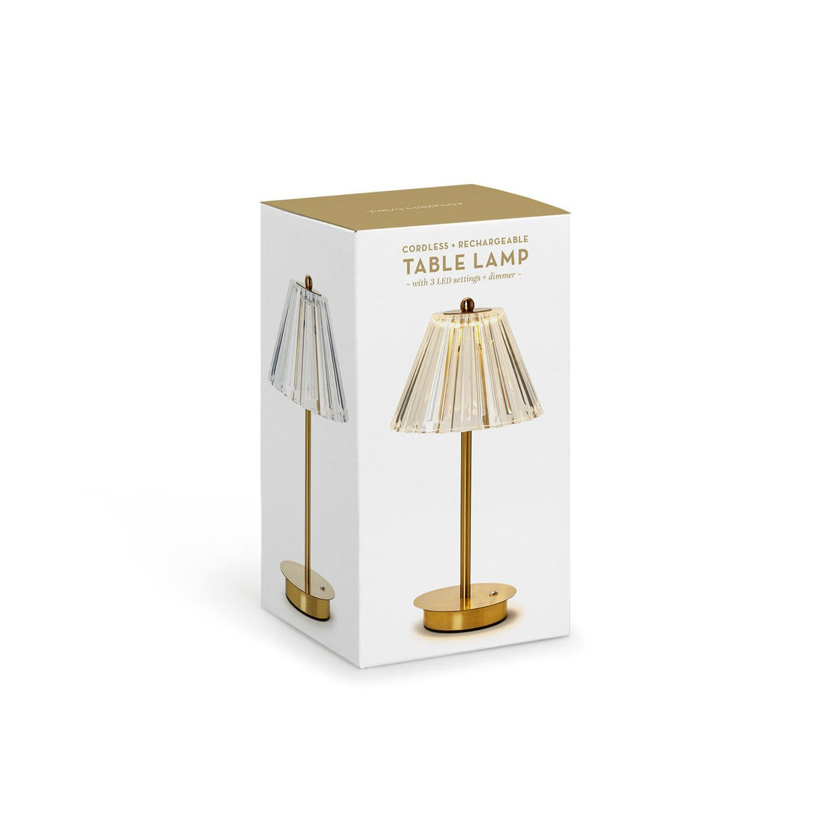 Rechargeable cordless table lamp with iron base and clear acrylic shade featuring stepless dimmer controls.