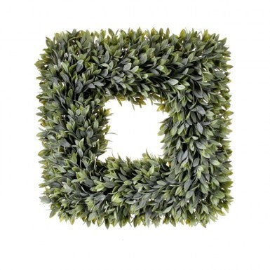 Square flocked sage green wreath made of polyethylene plastic measuring 19 inches wide.