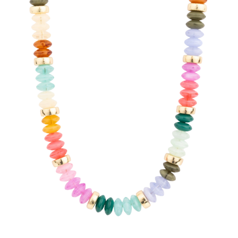 Jules Necklace featuring a colorful array of multi-colored beads and gold-toned spacers.