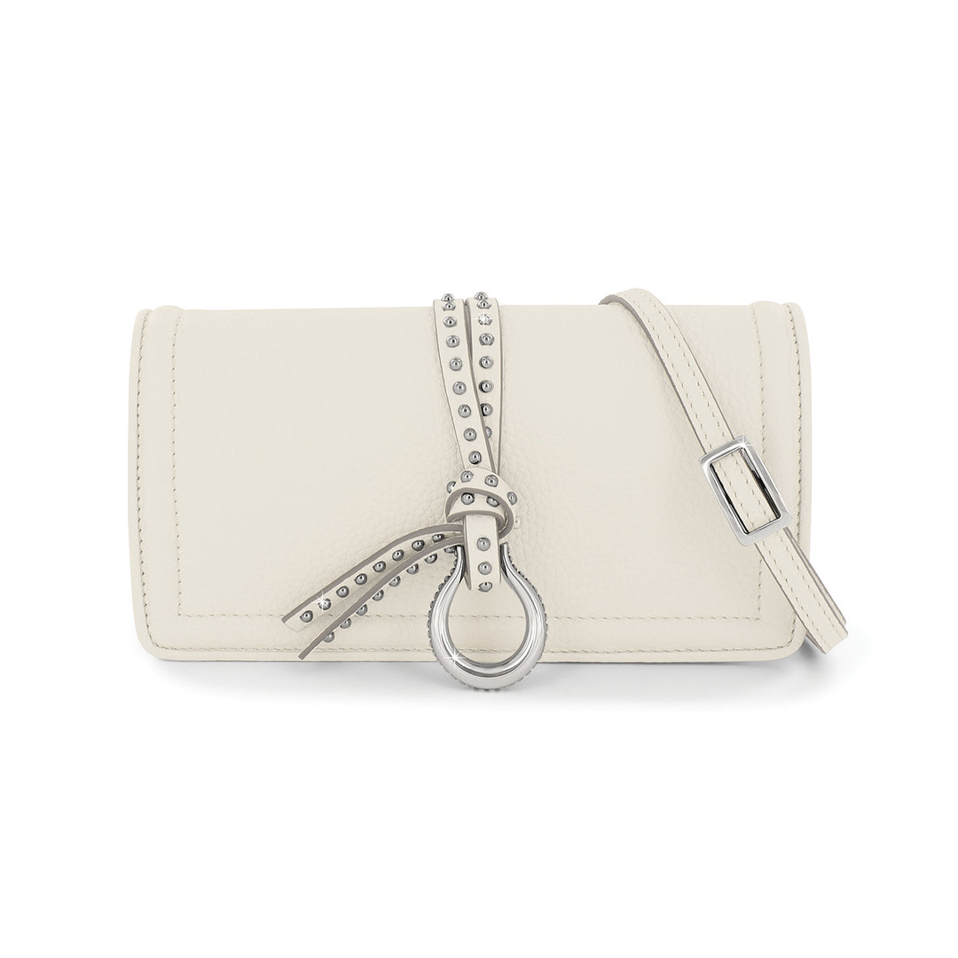Shoe White leather Arc Rockmore wallet with flap closure, magnetic snap, adjustable strap, and multiple card slots.