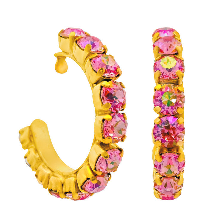 Antique gold-plated brass Jubilee hoop earrings encrusted with light rose glimmer crystals.