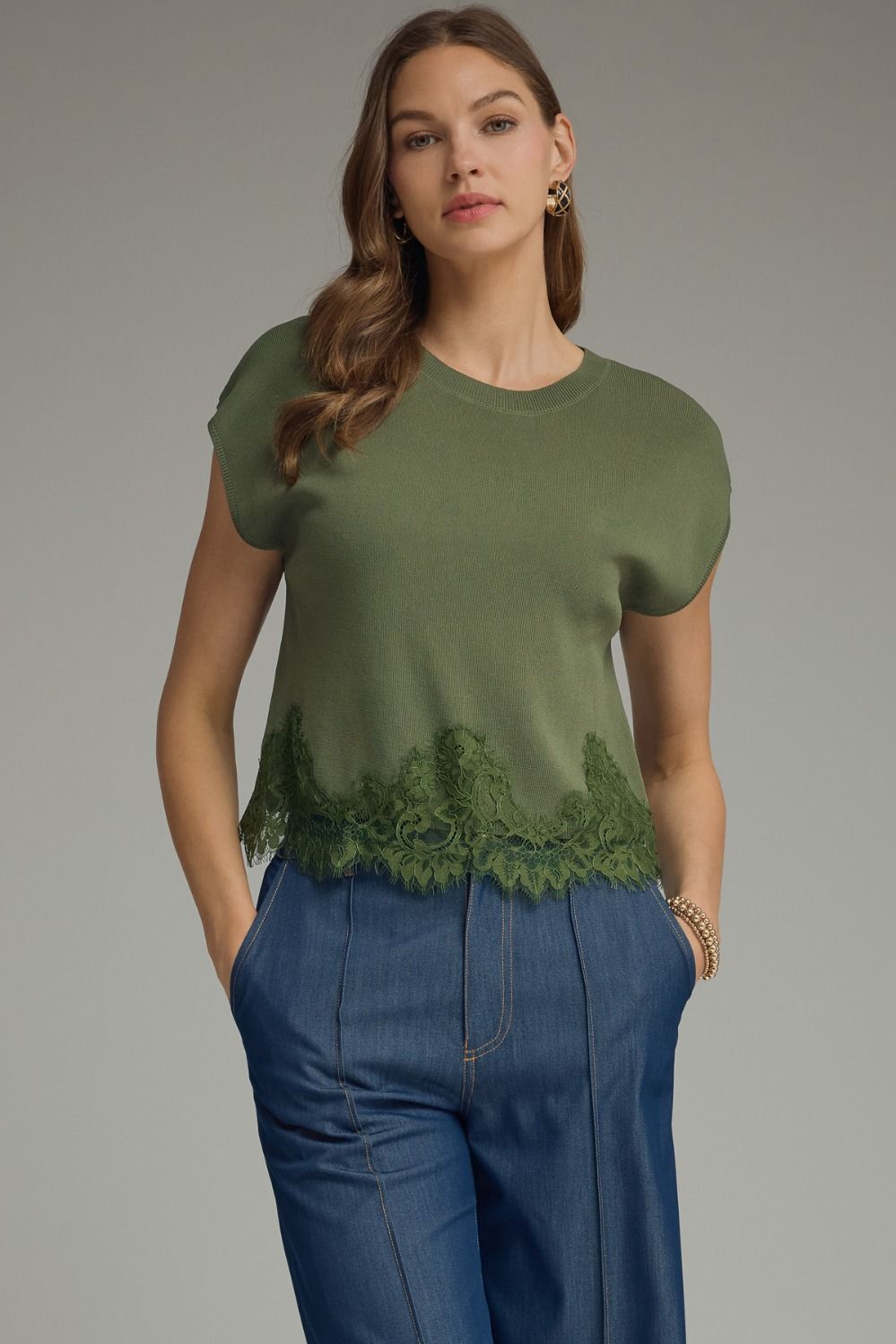 Ellie solid knit sweater top with lace trim hem in a lightweight viscose blend.