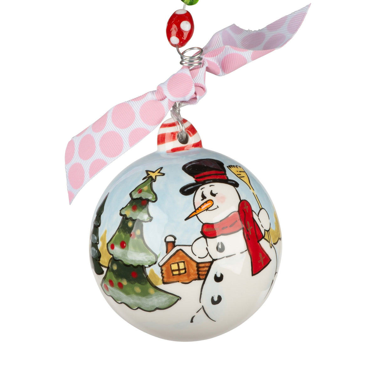 Hand-painted ceramic Christmas ornament featuring a snowman with red scarf against white background