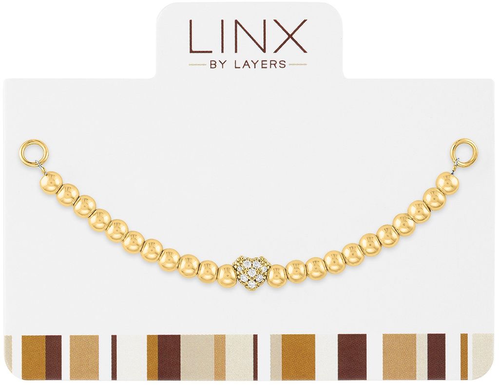 Gold ball bead LINX add-on featuring a central cubic zirconia heart charm on a white display card.