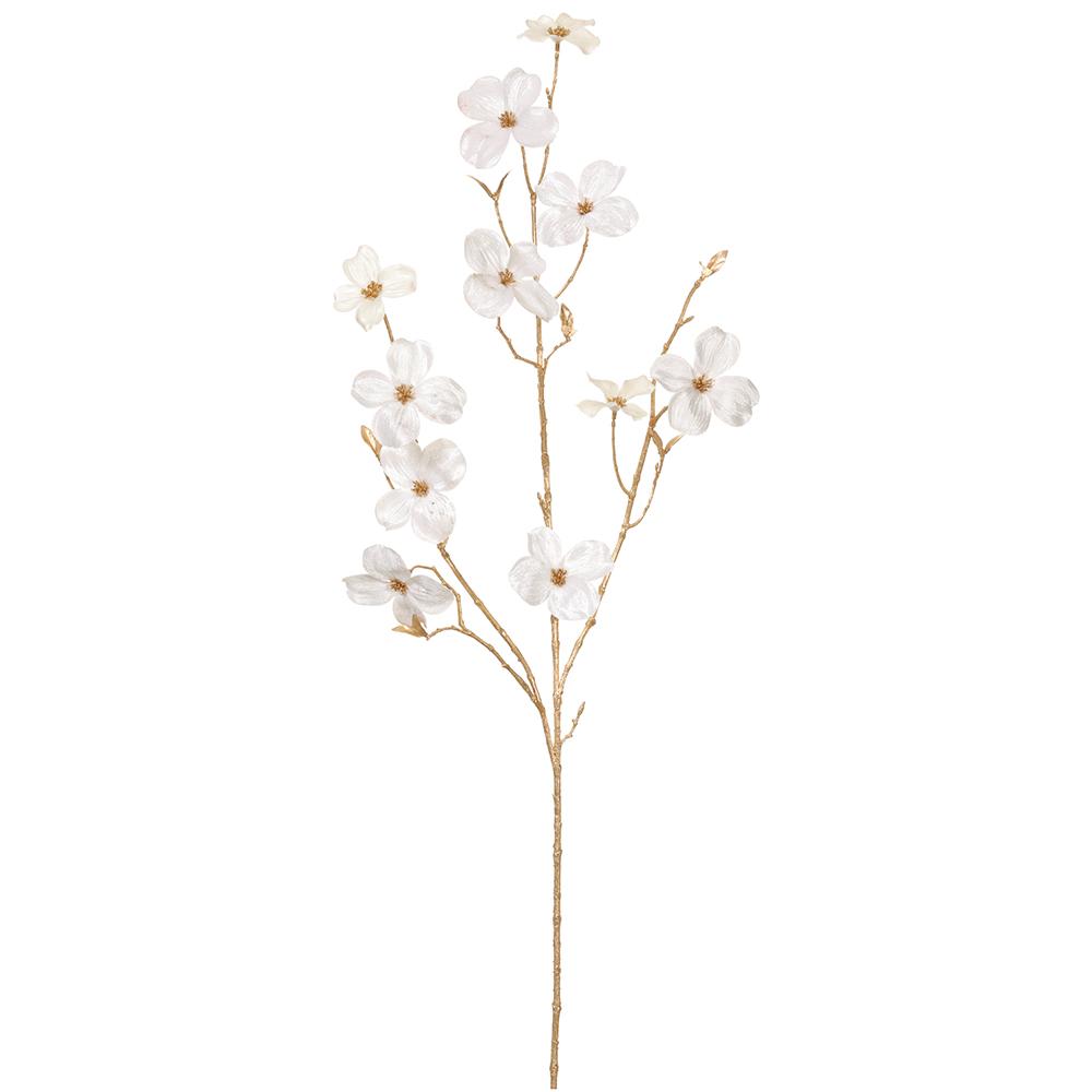 40 inch cream velvet dogwood spray with multiple blossoms on a gold-toned branch.