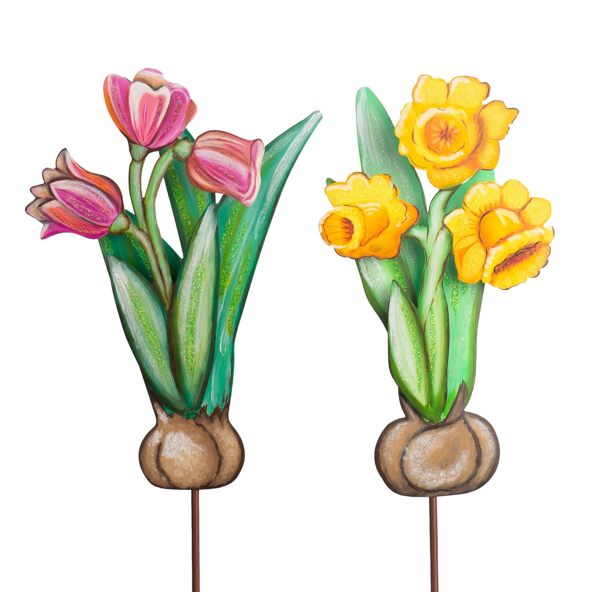 Decorative garden stakes featuring painted tulips and daffodils emerging from bulbs.