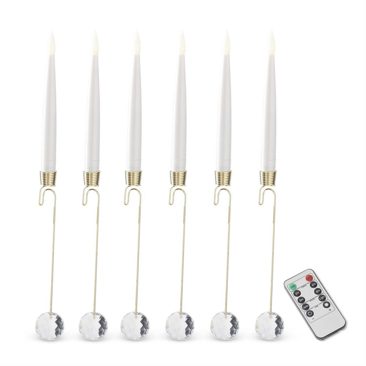 Set of six white LED taper candle ornaments with gold coiled holders and crystal prism pendants.