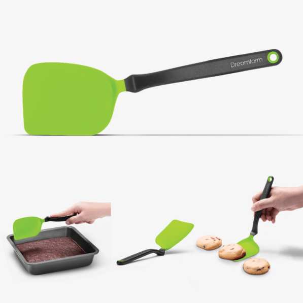 Green Mini Chopula spatula shown alone and in use cutting brownies and serving cookies.