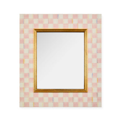 Hand-glazed steel wall mirror with Courtly Check enamel pattern, golden wood moulding frame, and reflective glass surface.