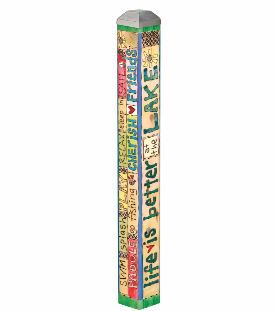 Mini art pole in zinc finish with a natural wood handle.