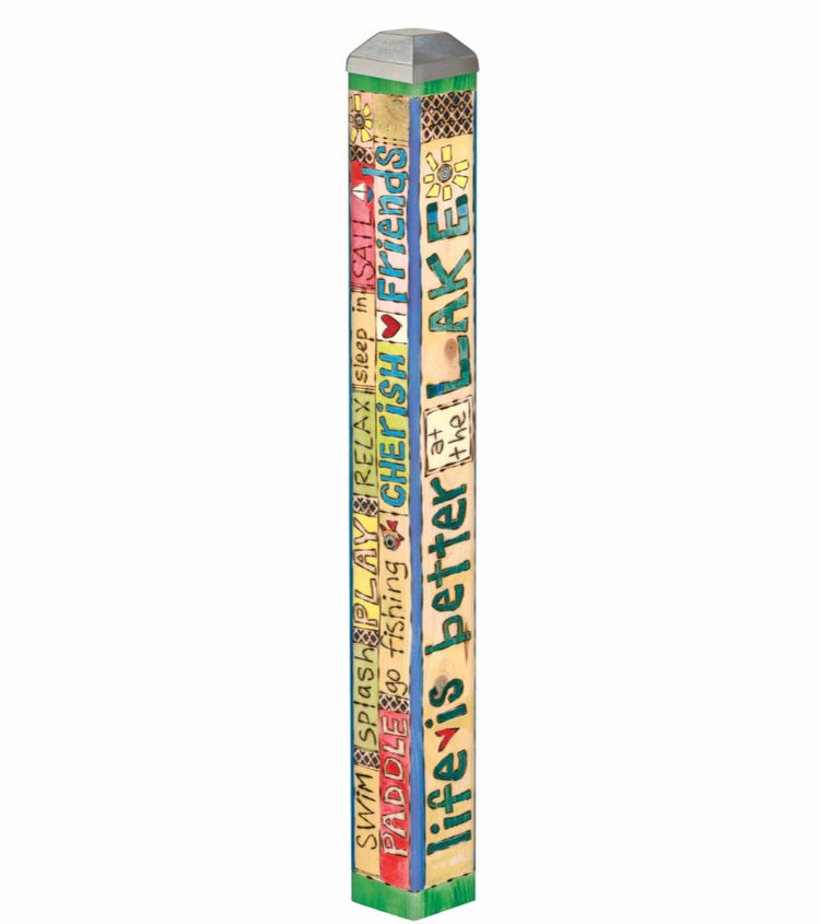Mini art pole in zinc finish with a natural wood handle.