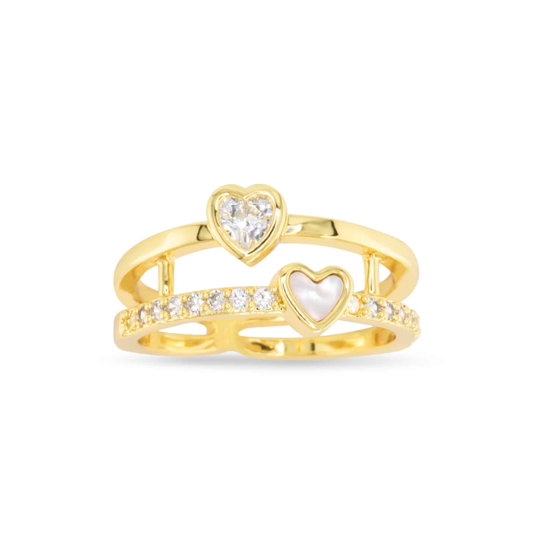 Gold stack ring featuring a CZ heart and a mother-of-pearl heart on parallel bands.