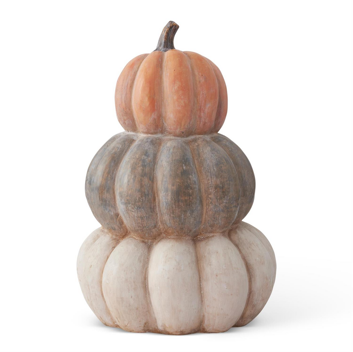 24-inch stacked pumpkin topiary with orange, brown, and cream pumpkins in a weathered texture.