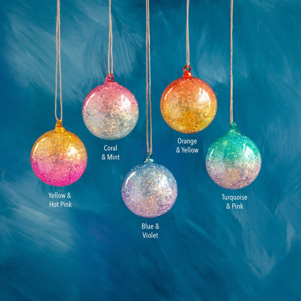 Glass iridescent glitter ball ornament with sparkling multi-color finish
