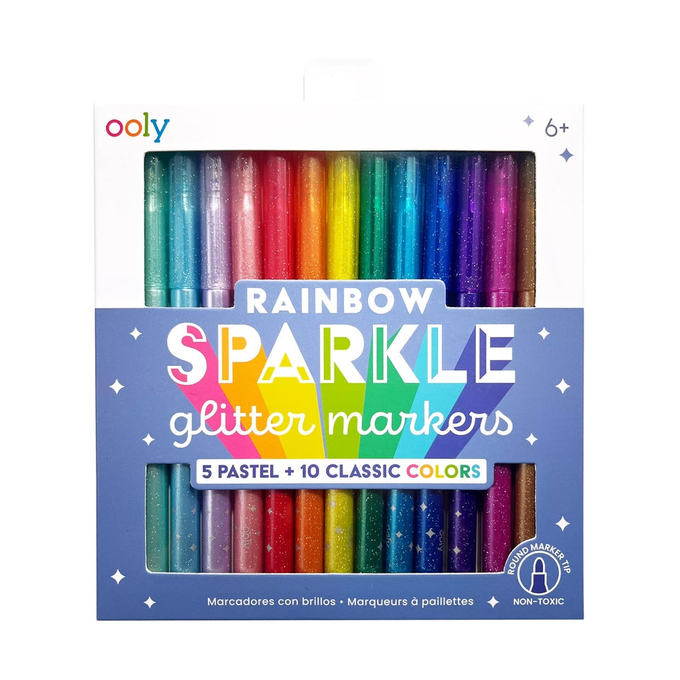Set of ten rainbow glitter markers with rounded tips in classic colors and five pastel shades.
