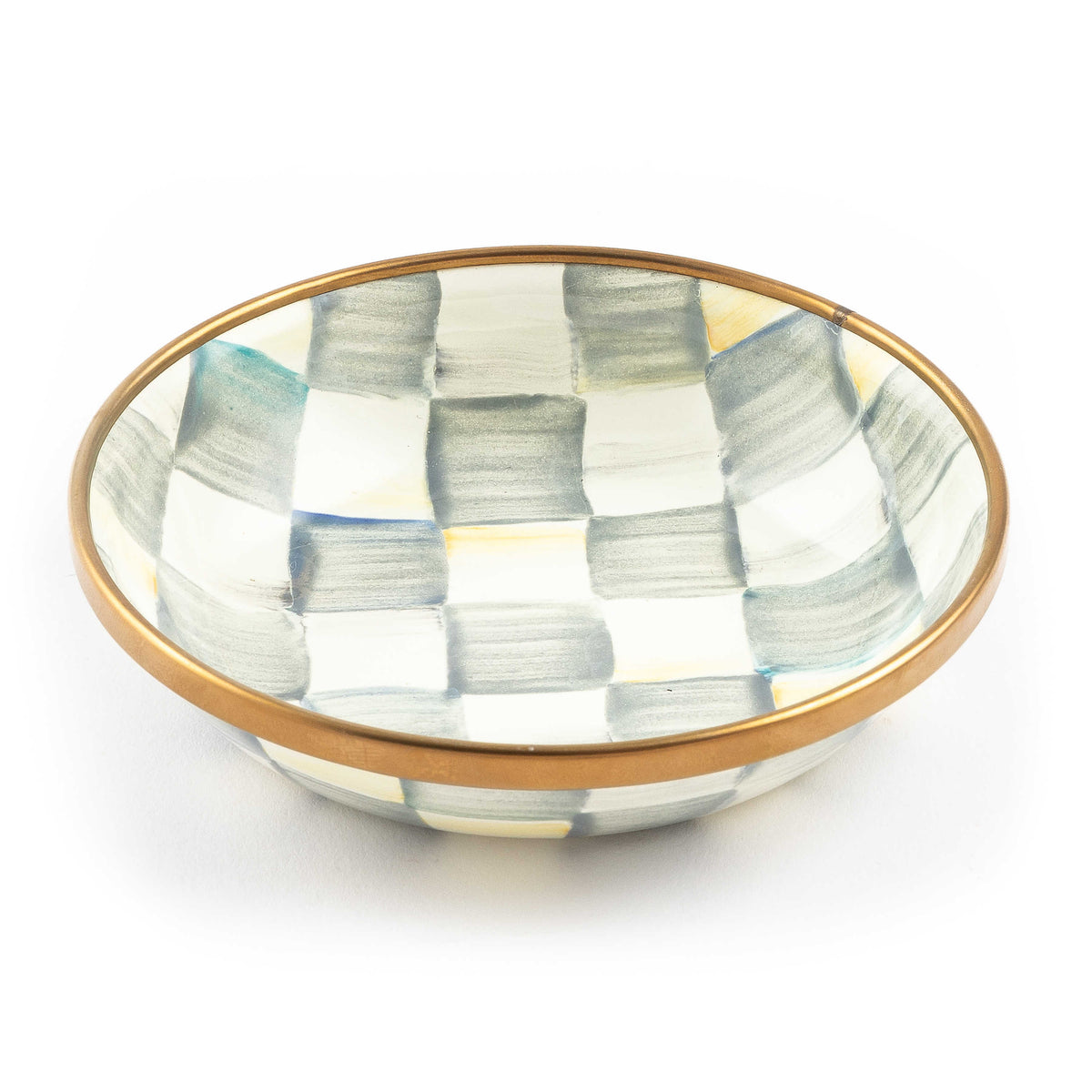 Sterling Check Dipping Bowl with hand-painted grey and white checks and a bronzed steel rim.