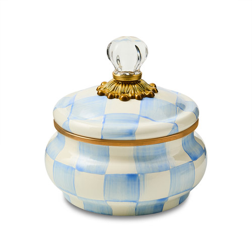 Hand-glazed steel pot with Sky Blue Checks pattern, bronzed stainless rim, and brass accents.