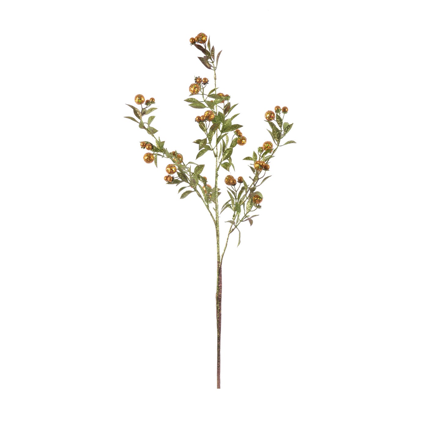 30-inch artificial golden berry branch with green leaves and glitter accents on a single stem.