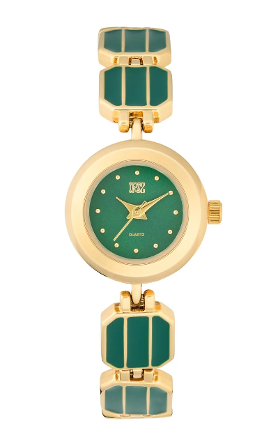 Ladies watch with a round green dial, gold-tone case, and green enamel link bracelet.