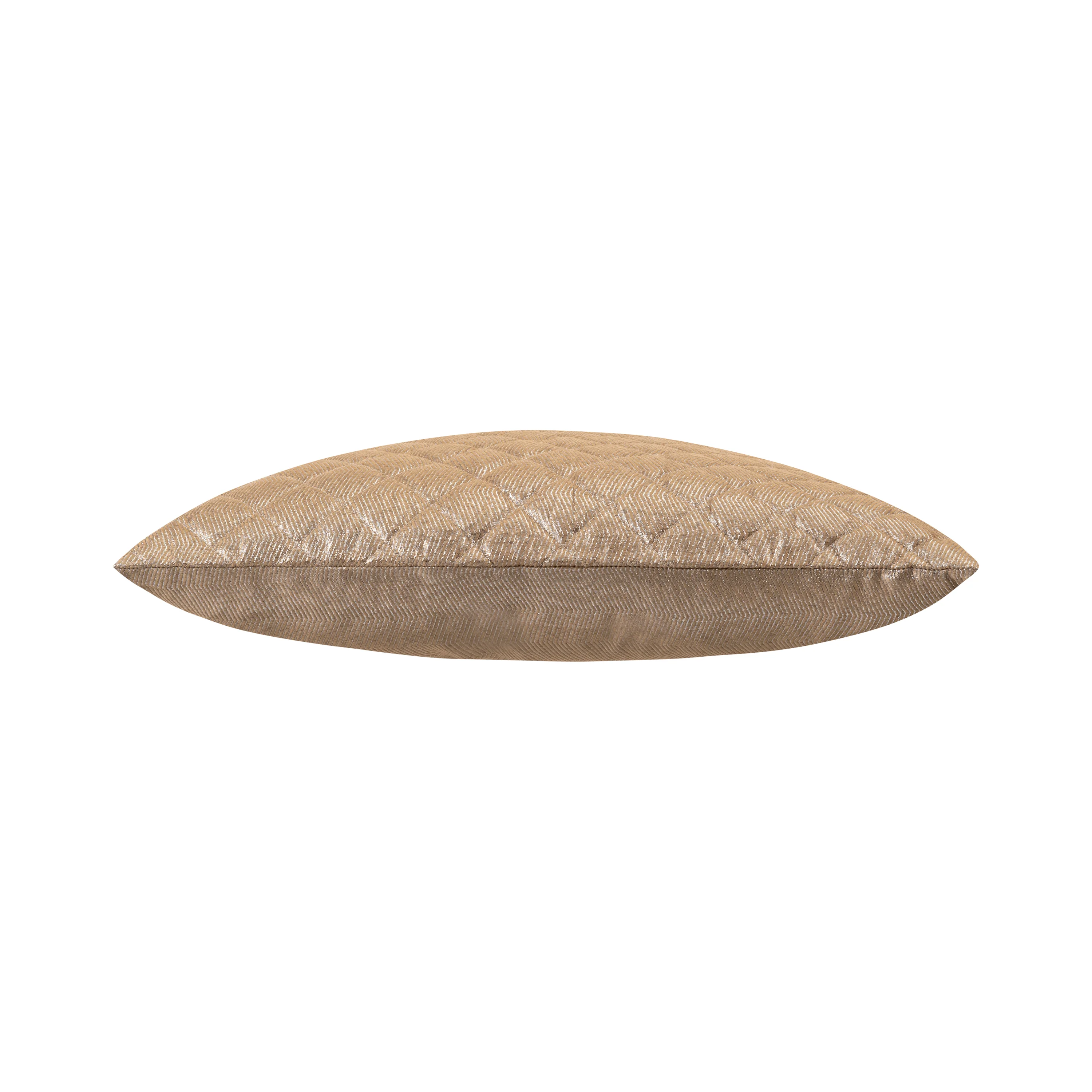 Square gold velvet pillow with ivory linen insert featuring a zipper closure.