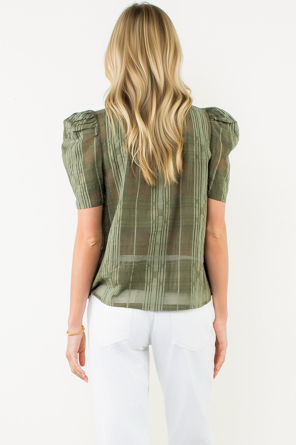 Eunice gingham textured V-neck top with puff sleeves in woven rayon blend