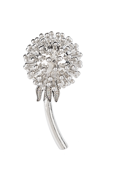 Silver dandelion charm with a textured seed head, small leaves, and a curved stem.