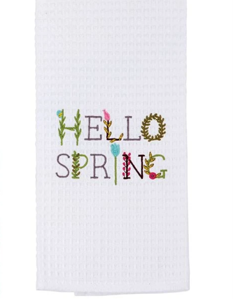 White waffle weave towel with embroidered "HELLO SPRING" in floral letters.