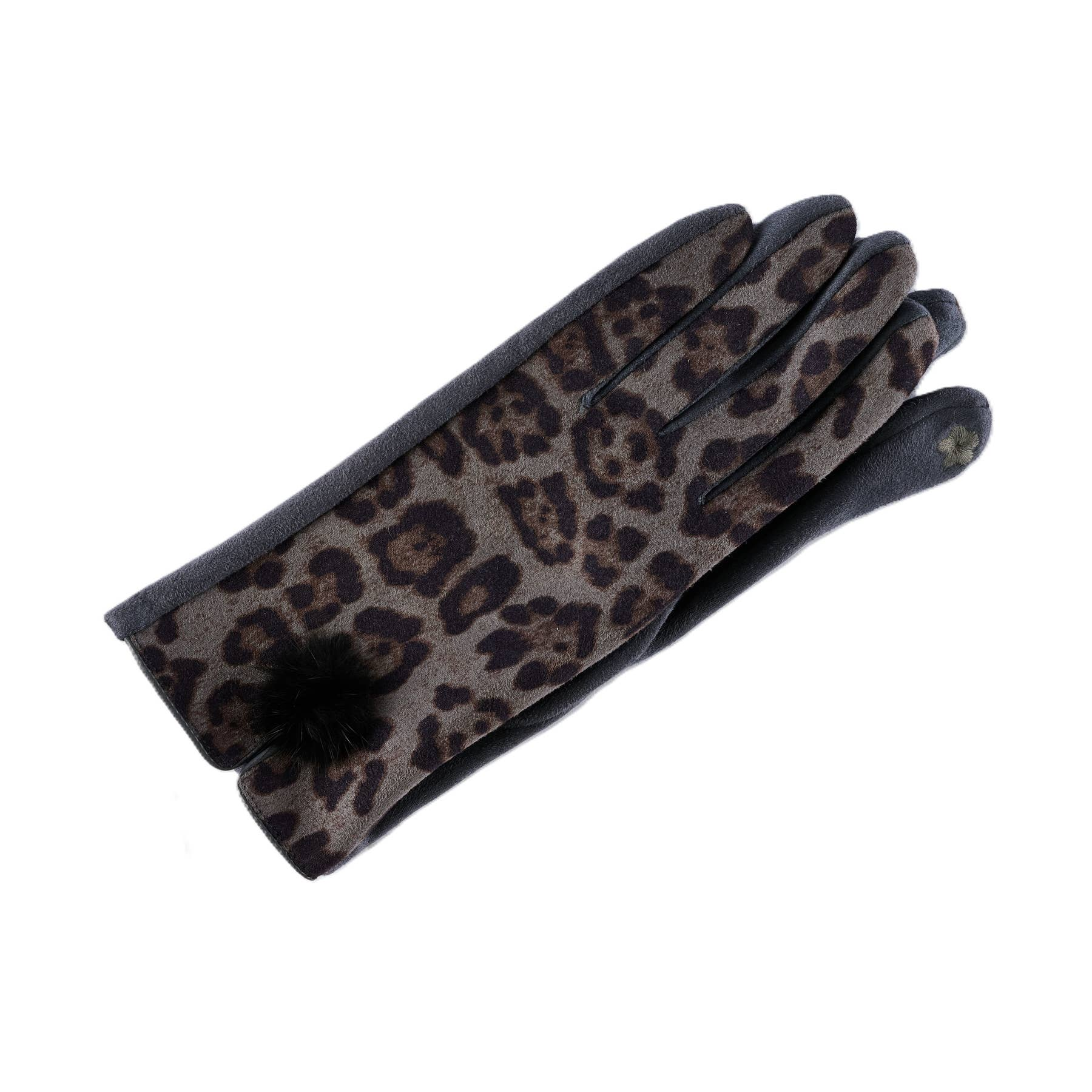 Leopard print fleece-lined gloves with a black fur ball accent and touchscreen-compatible fingertip.